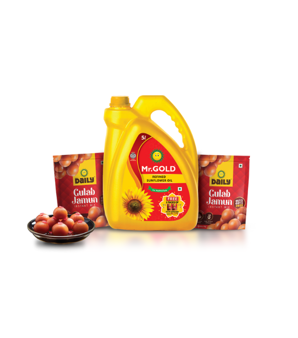 Mr.Gold Refined Sunflower Oil Can,5L with 2 Packs of Daily Gulab Jamun, Diwali Offer