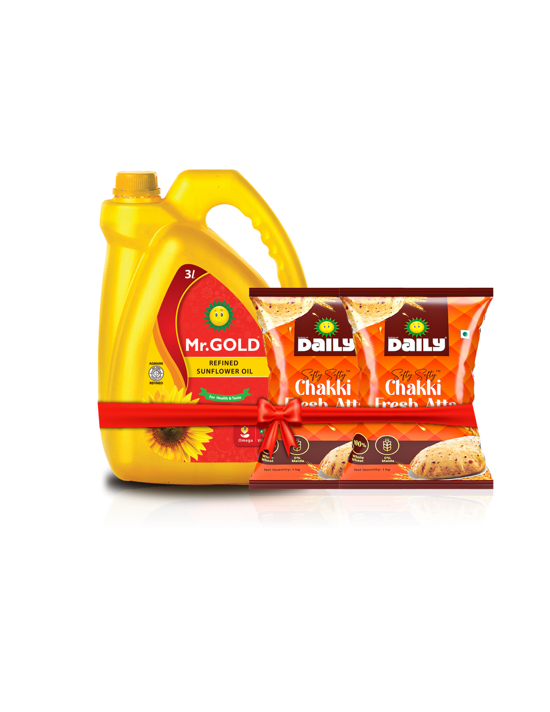 Golden Grain Combo (Mr. Gold Sunflower oil 3L + Sunraja Daily Chakki fresh Atta 1kg*2) - Total 5 kg