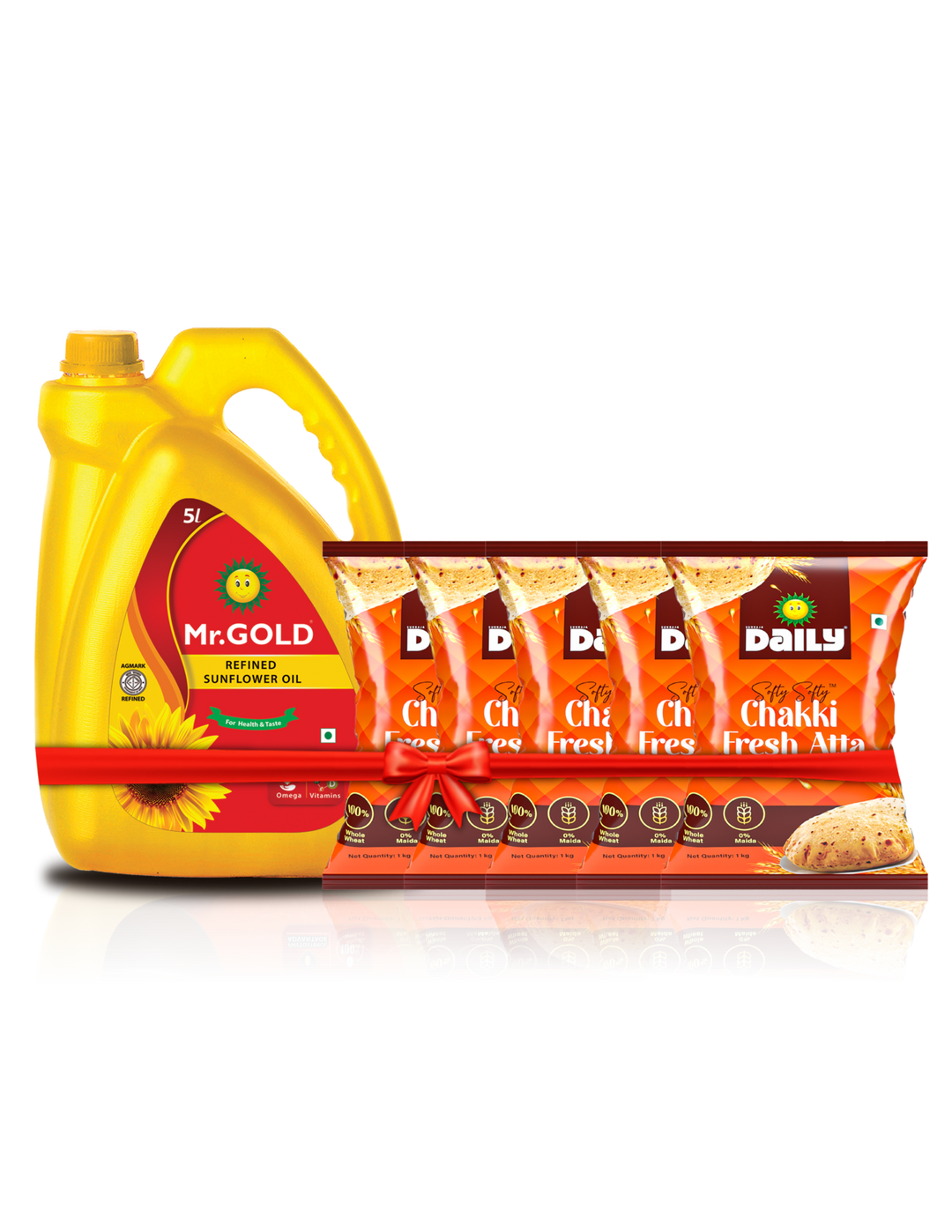 Golden Mega Pantry Combo (Mr. Gold Sunflower oil 5L, Daily Aata (1kg*5))-Total-10 kg