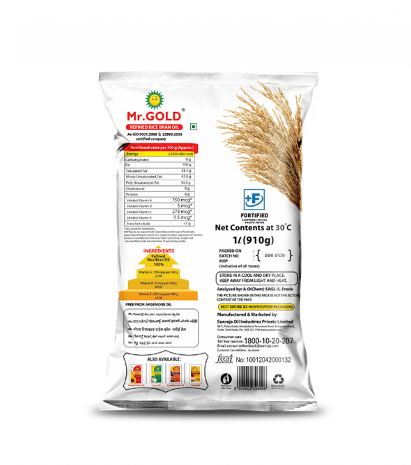 Mr. Gold Refined Rice Bran Oil Pouch, 1 L