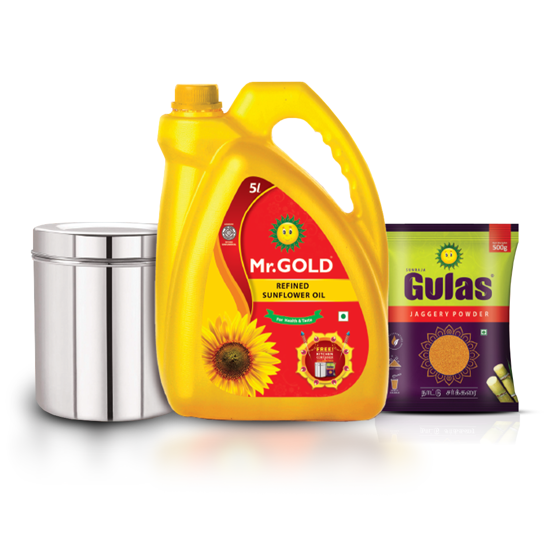 Mr.Gold Hittana Offer Refined Sunflower Oil Can, 5L + Gulas Jaggery Powder Pouch 500G with Kitchen Container - 5.5L