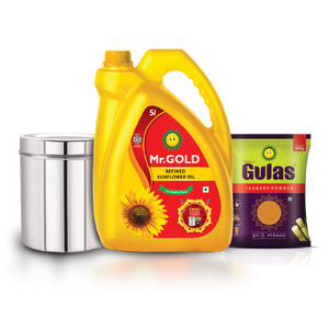 Mr.Gold Hittana Offer Refined Sunflower Oil Can, 5L + Gulas Jaggery Powder Pouch 500G with Kitchen Container - 5.5L