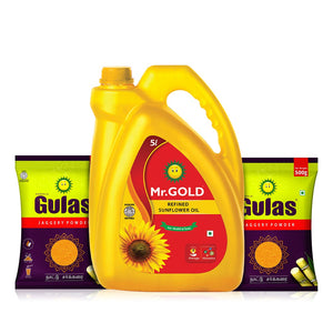 Mr.Gold Refined Sunflower Oil 5L Can + 2 Free Gulas Jaggary Powder,500G
