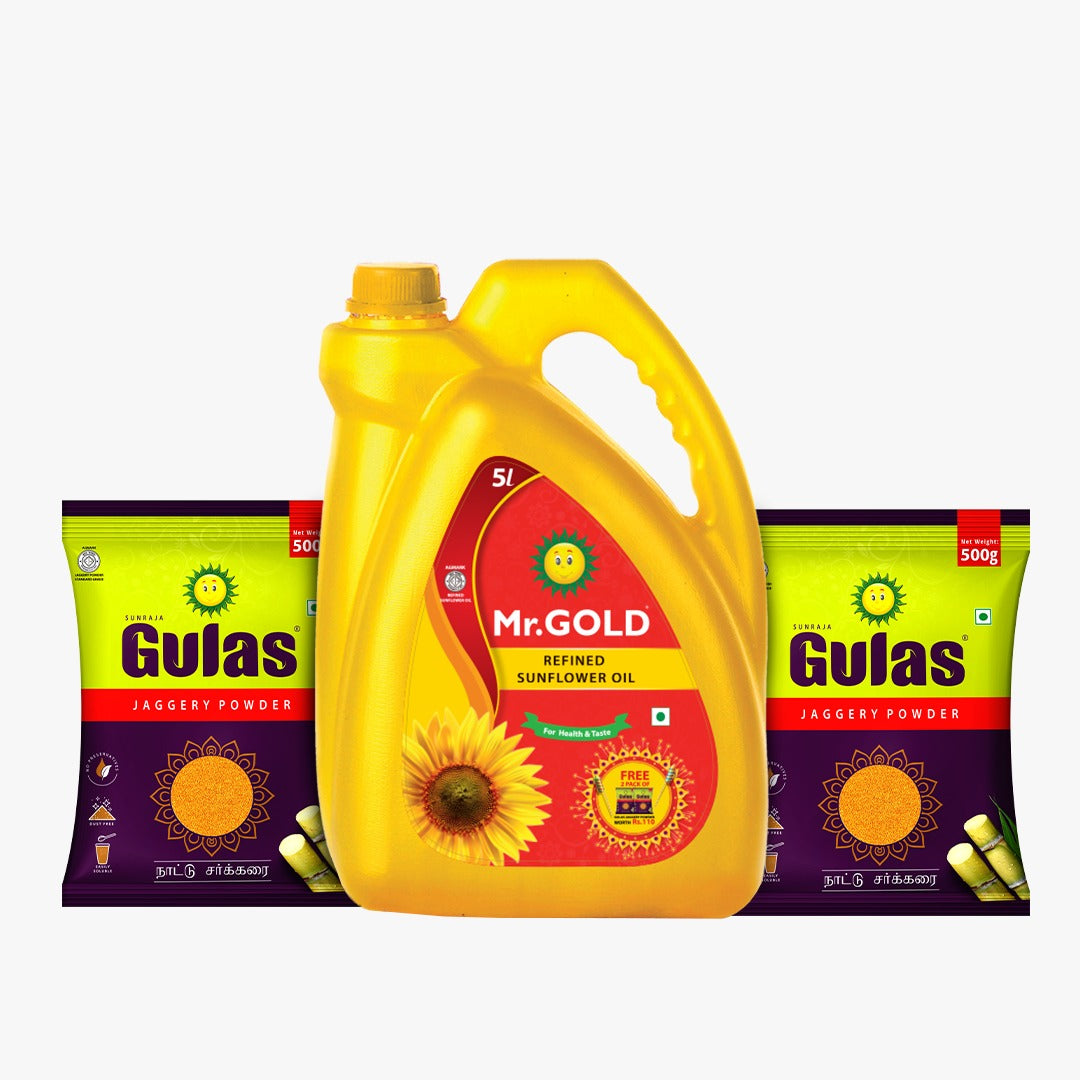 Mr.Gold Diwali Offer Refined Sunflower Oil 5L Can + 2 Free Gulas Jaggary Powder,500G
